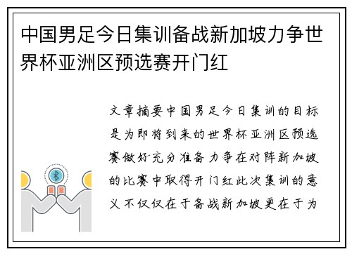 中国男足今日集训备战新加坡力争世界杯亚洲区预选赛开门红